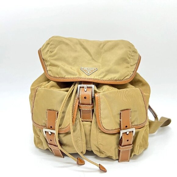 PRADA Logo Plate W Pocket Backpack Backpack Nylon Brown/SilverHardware - Picture 1 of 15